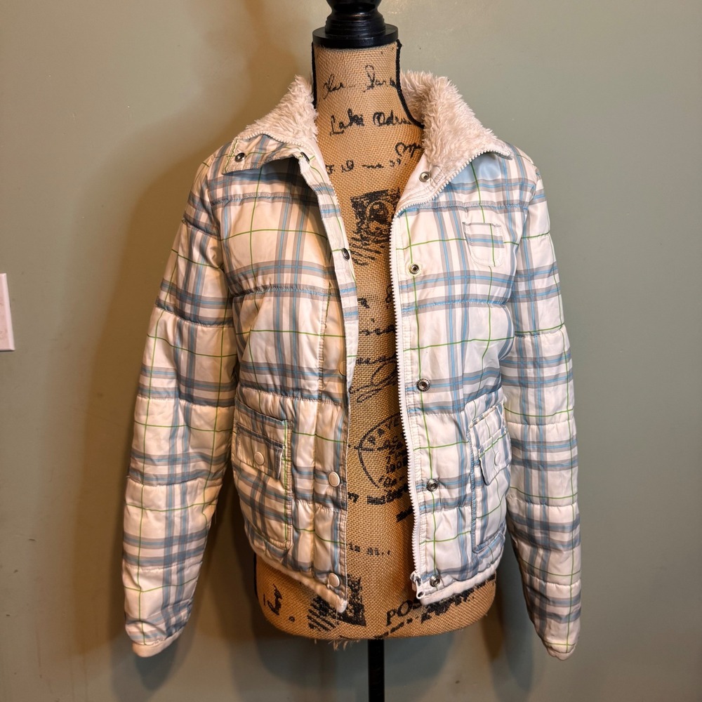 Aeropostale Womens XS Plaid Puffer Jacket Faux Fur Trim White Blue Y2K
